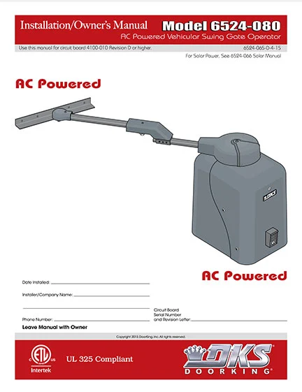 DKS Doorking 6524-065-D-4-15 AC Power installation owners manual