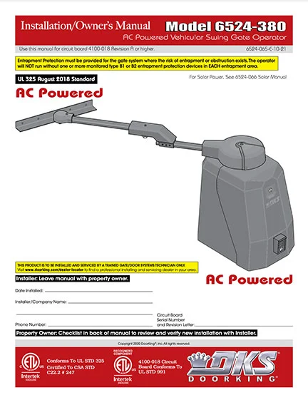 DKS Doorking 6524-065-E-10-21_115V_UL18 installation owners manual