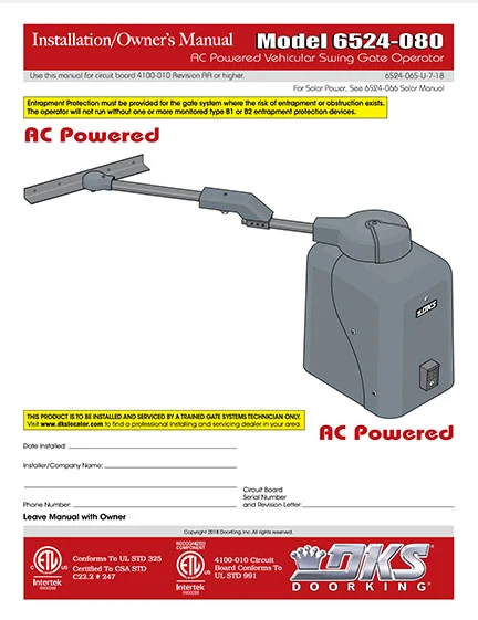 DKS Doorking 6524-065-U-7-18 AC Power installation owners manual