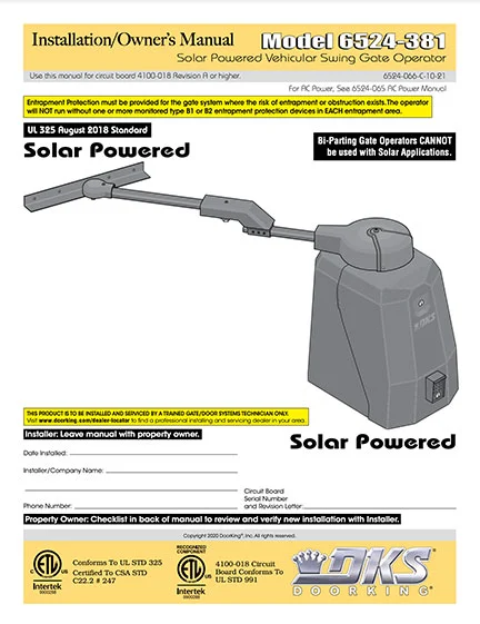 DKS Doorking 6524-066-C-10-21_24V_UL18 installation owners manual