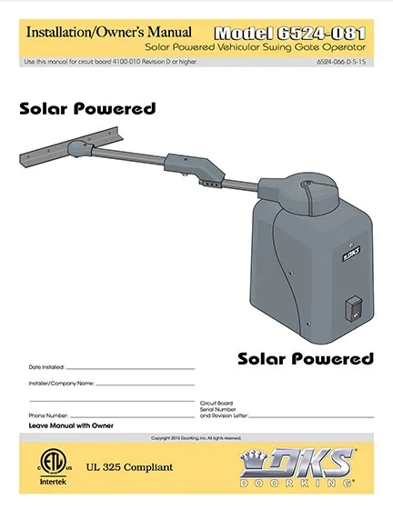 DKS Doorking 6524-066-D-5-15 Solar Power installation owners manual