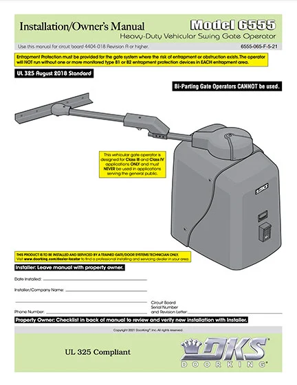 DKS Doorking 6555-065-F-5-21_UL18 installation owners manual