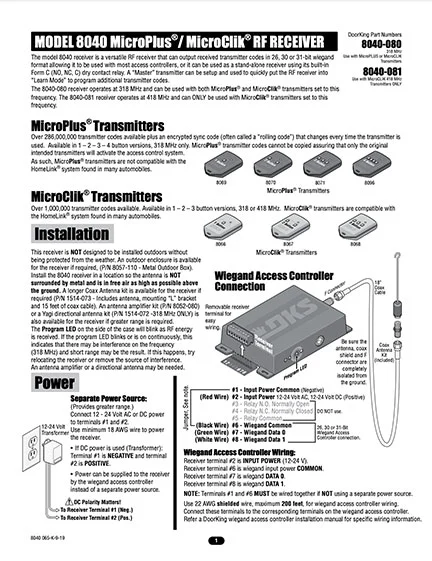 DKS Doorking 8040-065-K-9-19 Receiver instructions