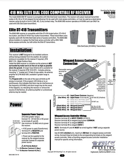 DKS Doorking 8040-066-D-9-19 Dial Code Series instructions