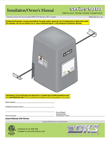 DKS Doorking 9000-065-B-5-18 installation owners manual