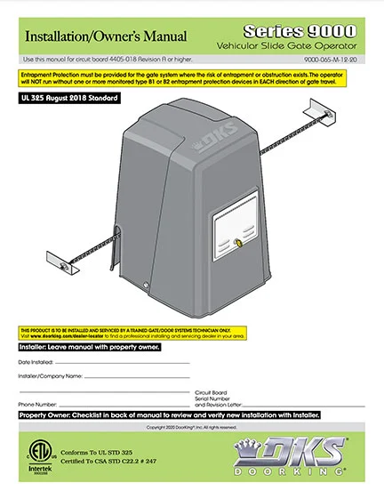 DKS Doorking 9000-065-M-12-20_UL18 installation owners manual