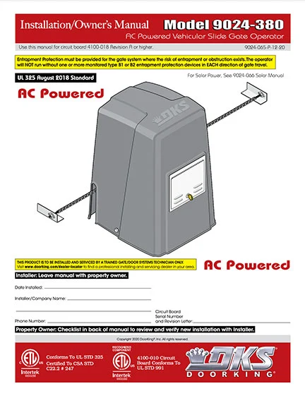 DKS Doorking 9024-065-P-12-20_UL18 installation owners manual