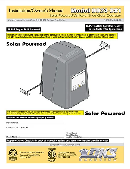 DKS Doorking 9024-066-E-12-20_24V_UL18 installation owners manual