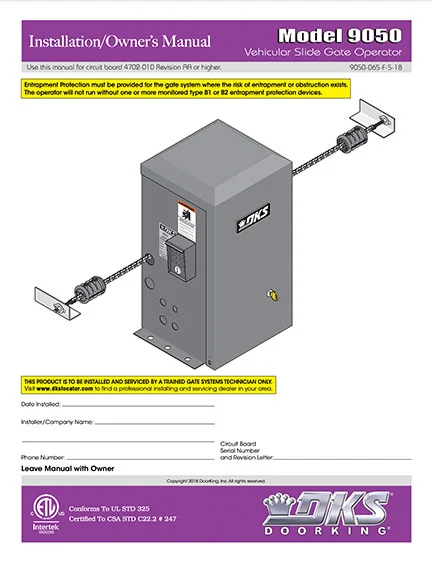 DKS Doorking 9050-065-F-5-18 Install Owners Manual installation owners manual