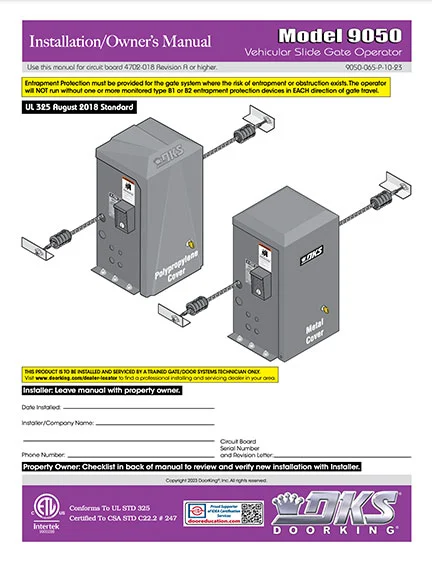 DKS Doorking 9050-065-P-10-23 installation owners manual