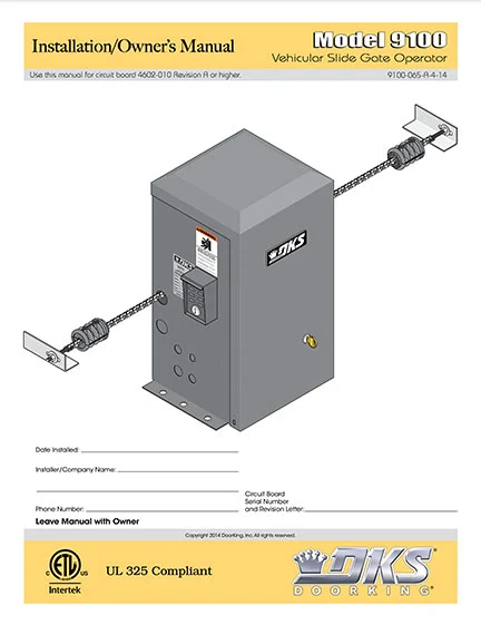 DKS Doorking 9100-065-A-4-14 installation owners manual