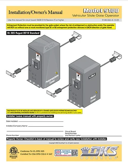 DKS Doorking 9100-065-B-10-23 installation owners manual