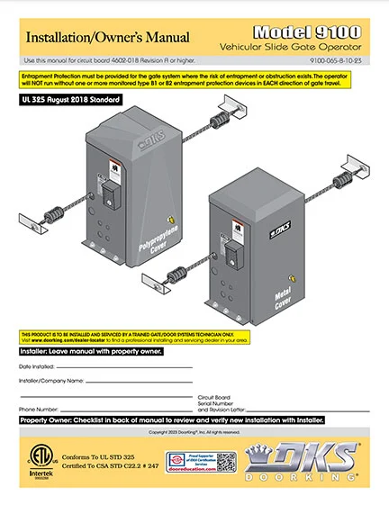 DKS Doorking 9100-065-B-10-23 installation owners manual