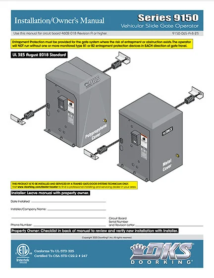 DKS Doorking 9150-065-A-8-23 installation owners manual