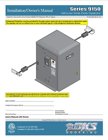 DKS Doorking 9150-065-M-5-18 installation owners manual