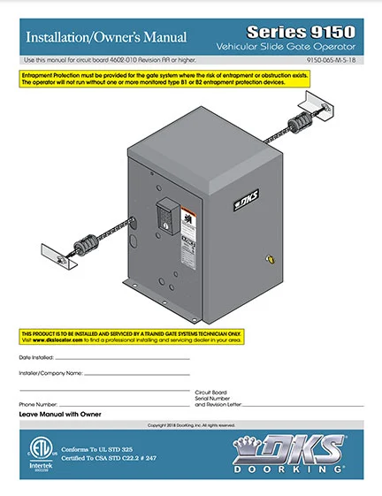 DKS Doorking 9150-065-M-5-18 installation owners manual