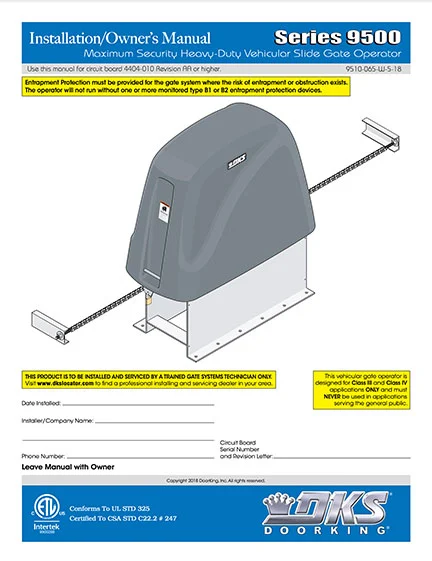 DKS Doorking 9510-065 W-5-18 installation owners manual