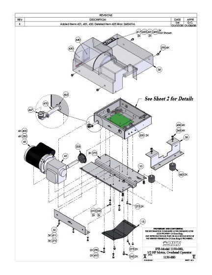 DKS Doorking IBP Model 1150-080 Rev-K Overhead Assy Box & Mtr