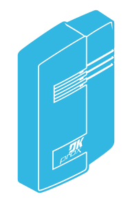 Blue access control device icon with card reader detail, symbolizing credential-based access