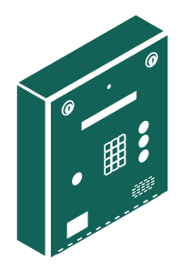 Green icon of an entry system panel with keypad and speaker, representing entry point access.