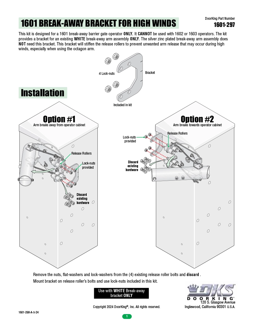 DoorKing 1601 break-away bracket for barrier gate operator in high winds