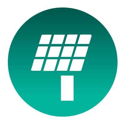 Solar energy symbol in white on a teal backdrop, used to denote off-grid compatibility.