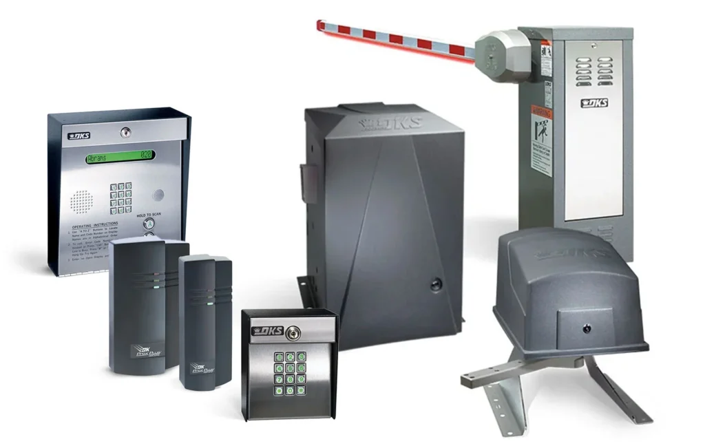 A variety of DKS access control products including gate operators, entry systems, keypads, card readers, and a traffic barrier arm