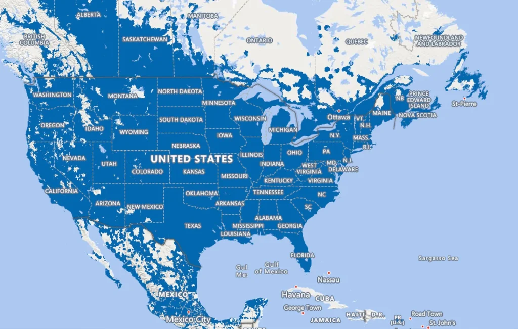 Coverage map showing AT&T 4G LTE service area in North America
