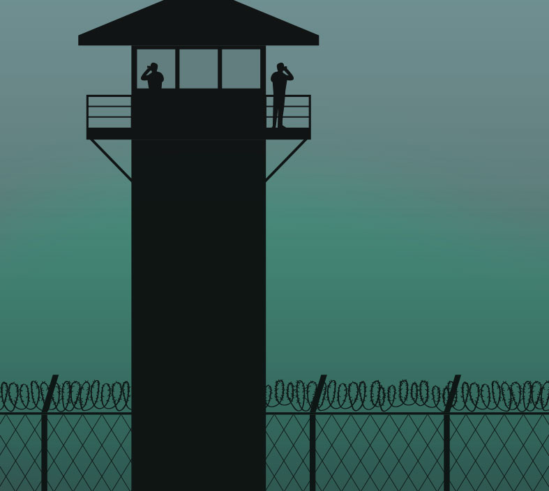 Guard tower illustration representing a secure facility perimeter with barbed wire fencing