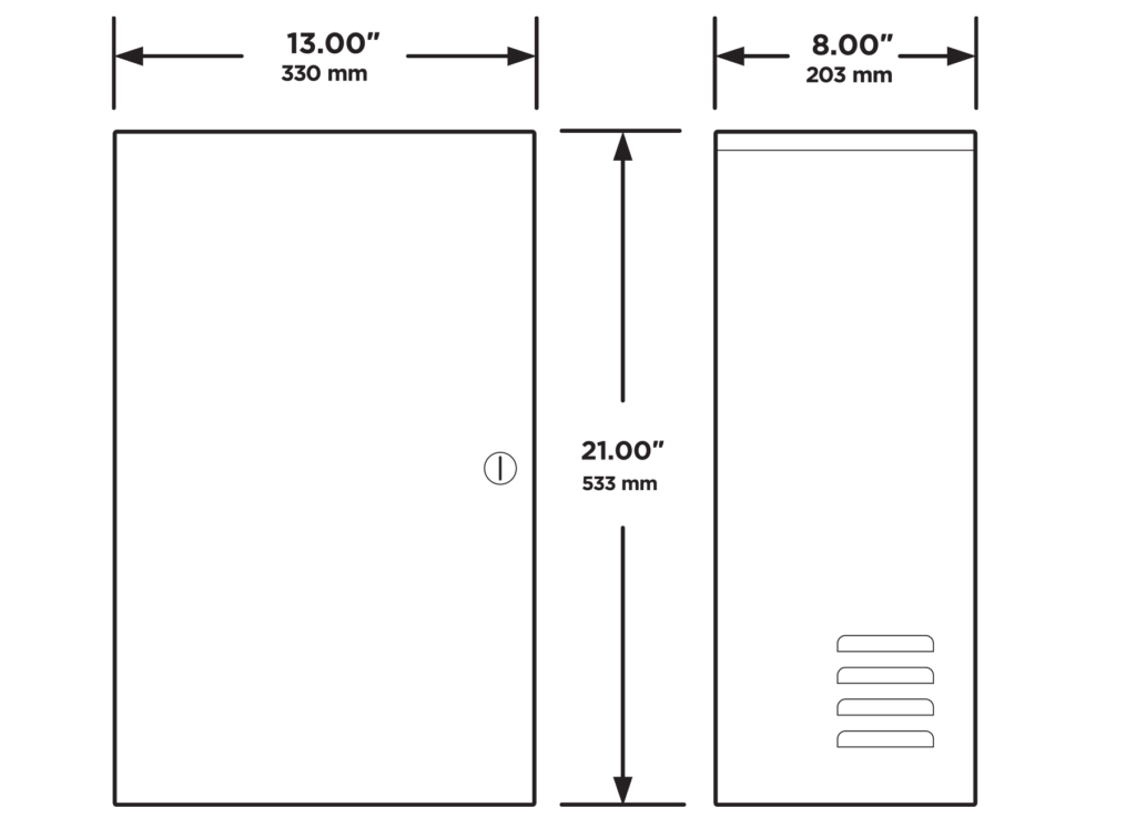 Technical drawing showing front and side dimensions of the DKS inverter cabinet, measuring 13 inches wide, 21 inches tall, and 8 inches deep (330 mm x 533 mm x 203 mm).