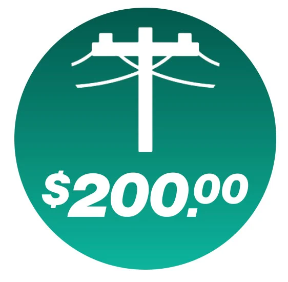 Telephone pole icon with price tag of $200.00, representing the average monthly cost of a POTS connection for Entry Systems.