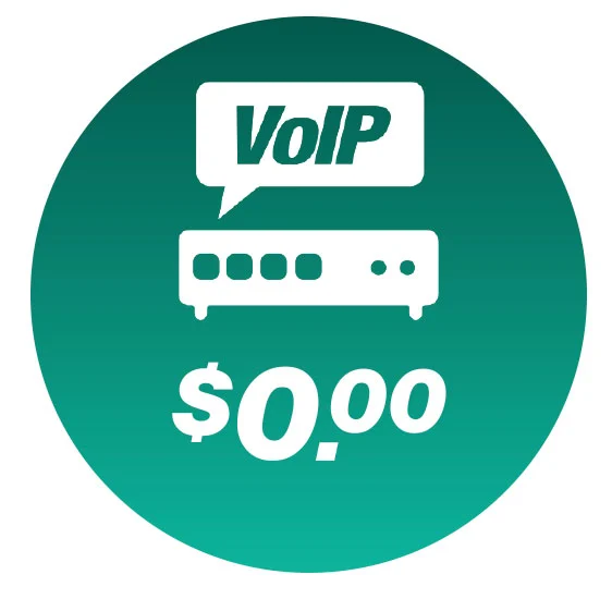 VoIP icon with a speech bubble and router graphic, showing a price tag of $0.00, representing no additional monthly cost for VoIP connectivity.