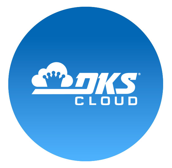 Blue circular icon with a white cloud and crown graphic labeled "DKS Cloud," representing cloud-based system programming