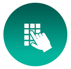 Teal circular icon with a white hand pressing a keypad, representing direct entry system programming without software.
