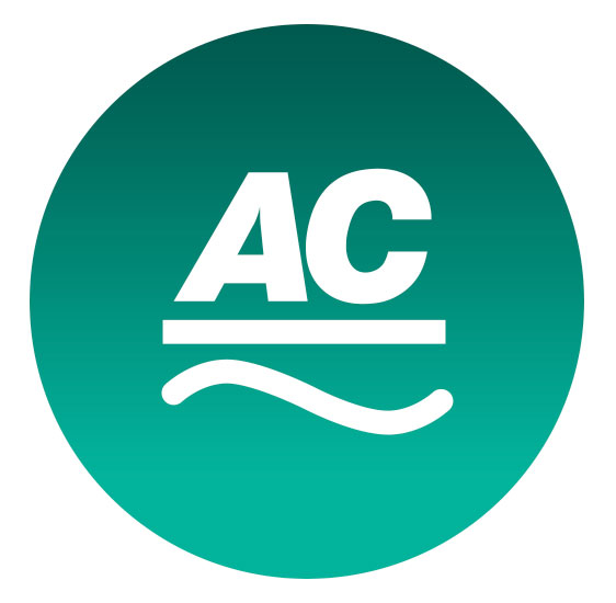 White "AC" text with a wave symbol beneath it, representing alternating current power, inside a teal gradient circle.
