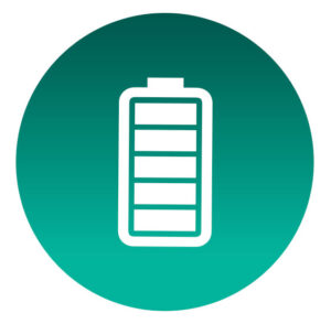 White battery icon showing multiple charge bars inside a teal gradient circle, indicating power backup capability