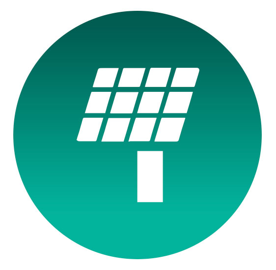 White solar panel graphic inside a teal gradient circle, symbolizing solar energy as a power source.