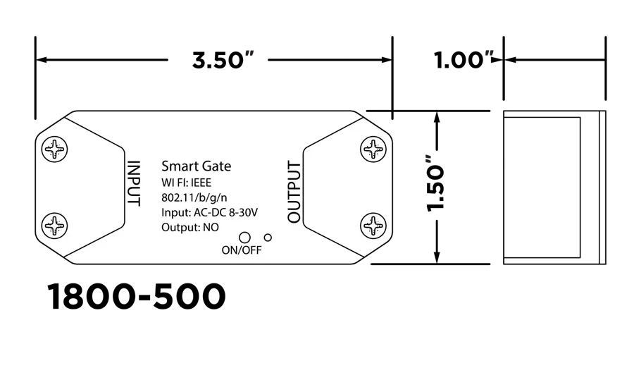 Technical illustration of DKS Smart Gate device showing dimensions and input/output specs