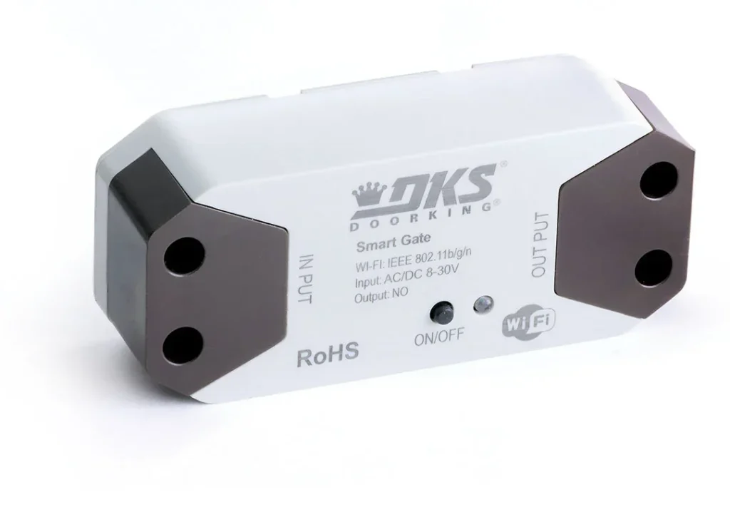 DKS Smart Gate module with Wi-Fi connectivity for gate operator integration, featuring input/output terminals and power indicator