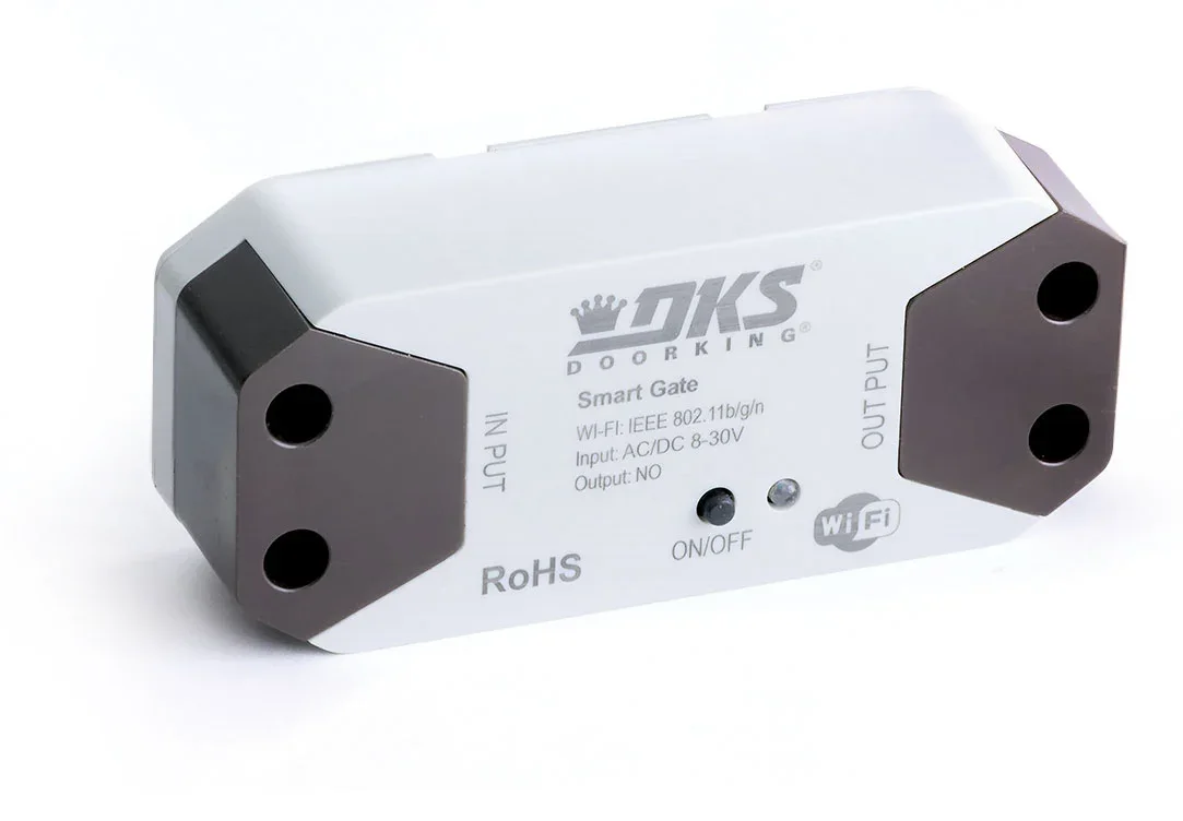 DKS Smart Gate module with Wi-Fi connectivity for gate operator integration, featuring input/output terminals and power indicator