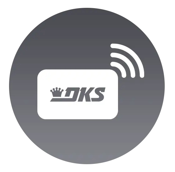 Round icon showing DKS access card with wireless signal waves