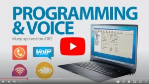 DKS Programming & Voice video thumbnail with icons for phone, VoIP, cloud, and 4G, shown next to a laptop screen displaying programming software