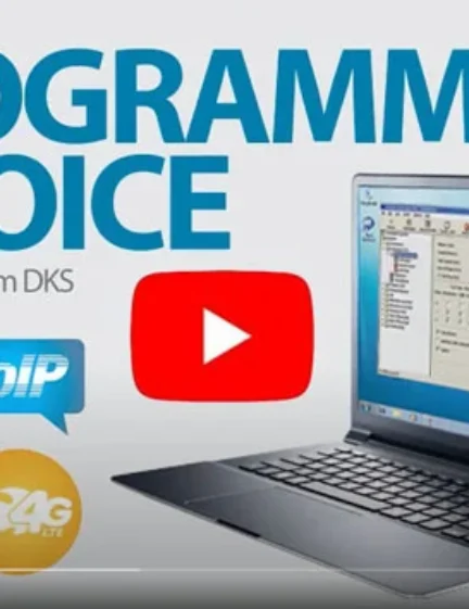 DKS Programming & Voice video thumbnail with icons for phone, VoIP, cloud, and 4G, shown next to a laptop screen displaying programming software