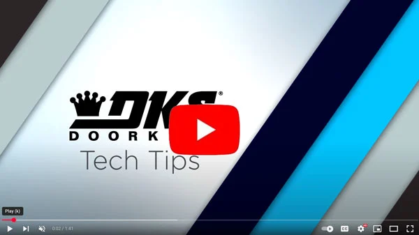 DKS Tech Tips video thumbnail featuring the Doorking logo and diagonal blue graphic elements