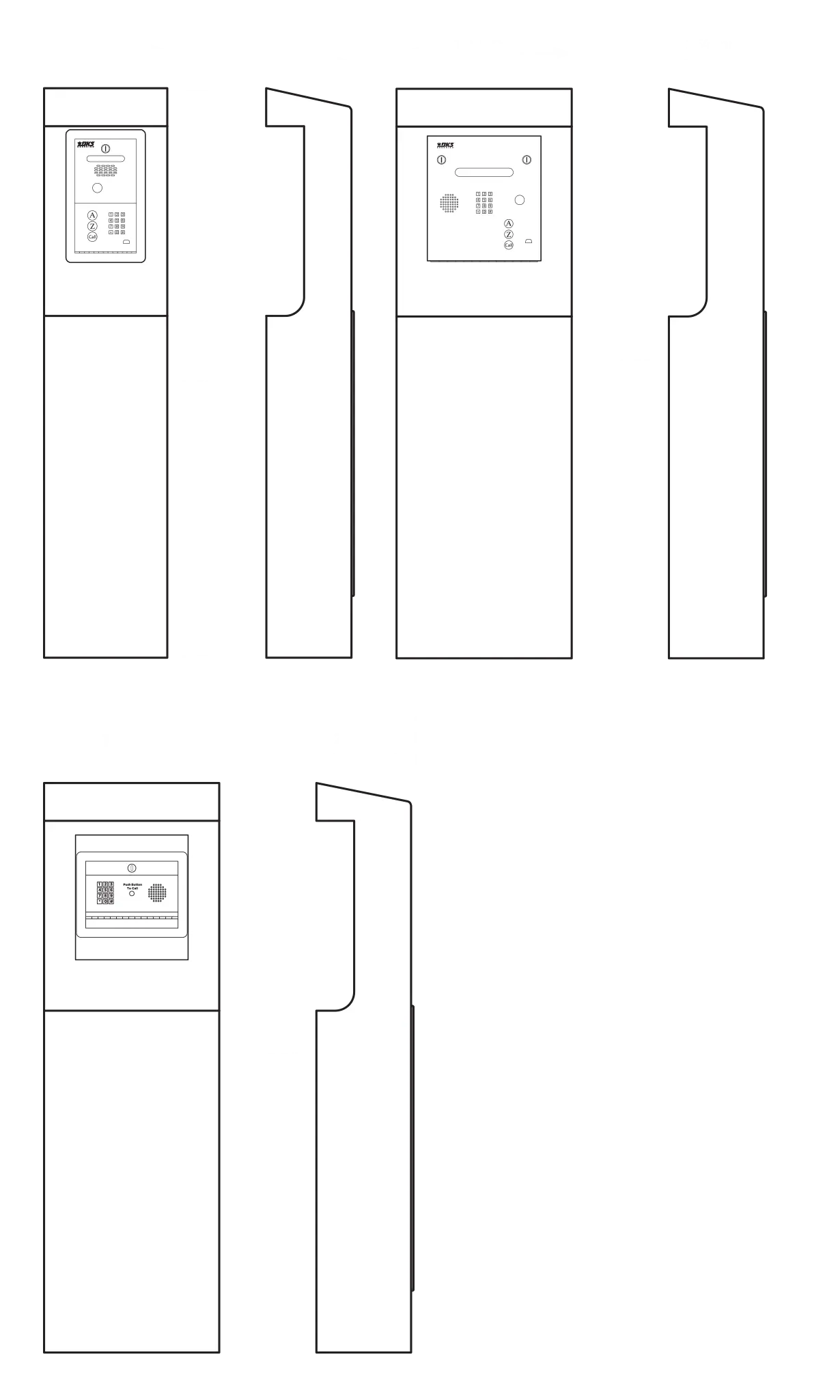 Diagram of three mounting kiosk models (1200-160, 1200-170, and 1200-175) showing front and side views with labeled dimensions in inches and millimeters for height, width, and depth.