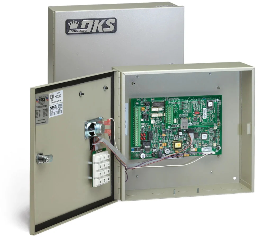 Inside view of DKS 1838 Multi-Door Controller with circuit board exposed.