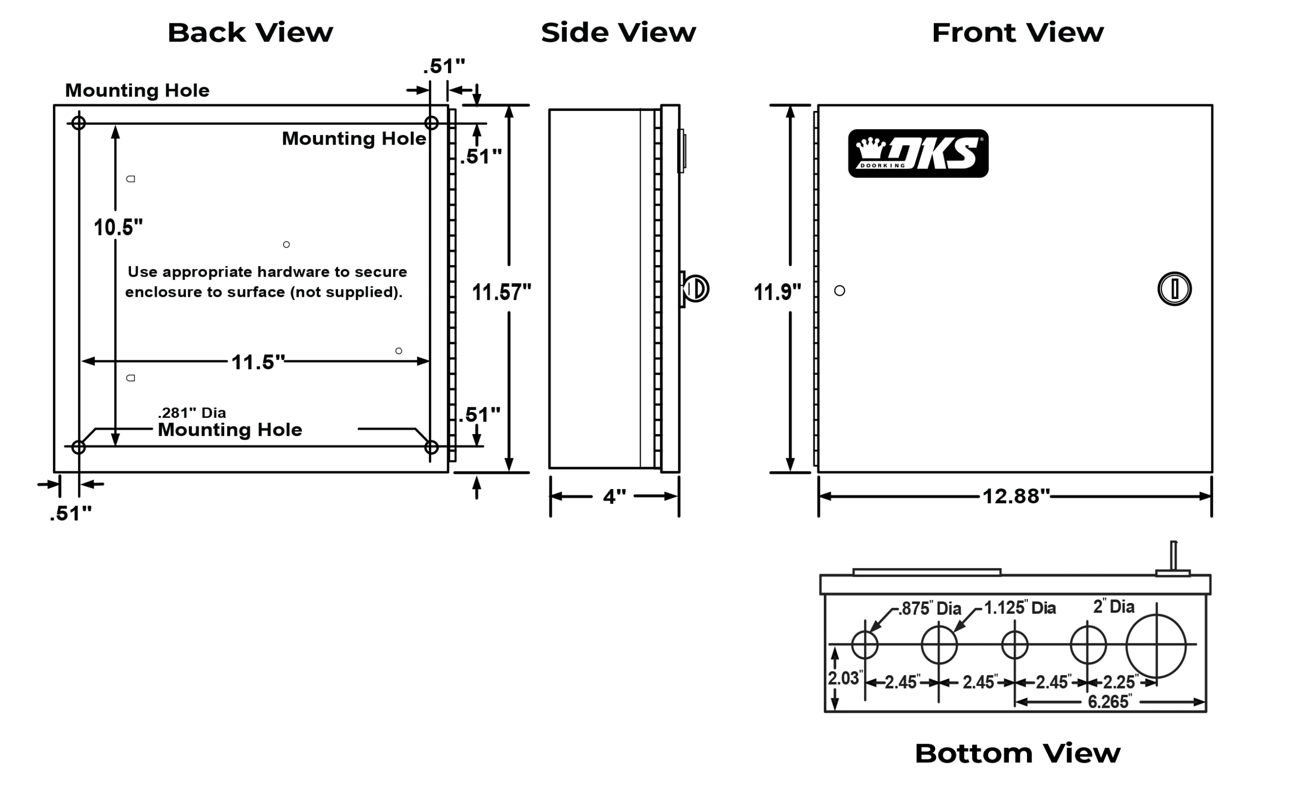 Technical illustration with front, back, and side view dimensions of the DKS 1838 telephone entry and access control system