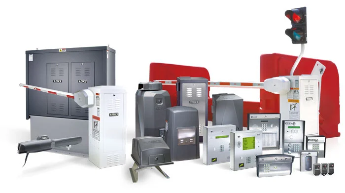 Group shot of DoorKing gate operators, barrier arms, telephone entry systems, video entry panels, access control devices, keypads, card readers, and traffic management products
