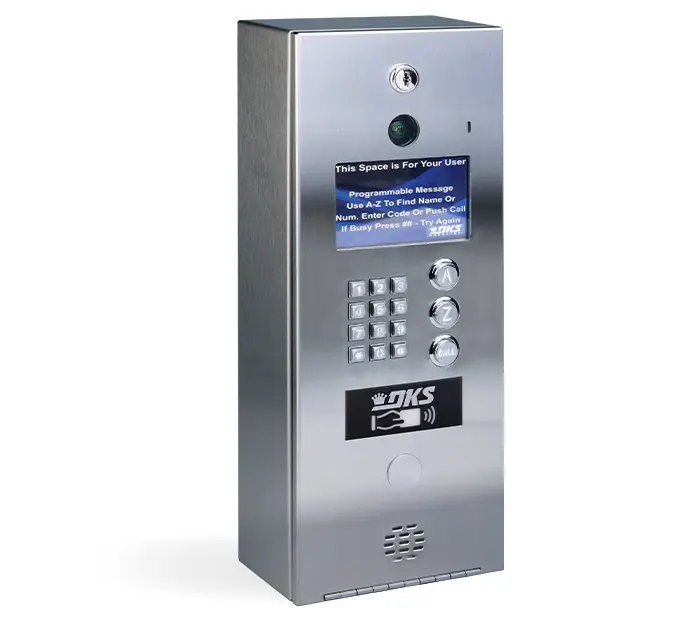 DKS 2132 video entry system with stainless steel enclosure, keypad, camera, and LCD display