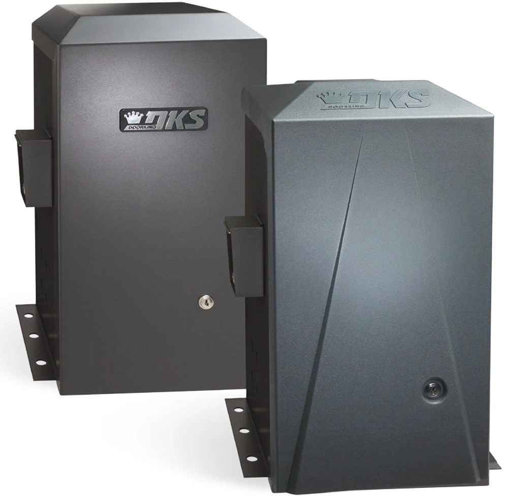 Two DKS 9050 slide gate operator units with protective enclosures shown side by side.